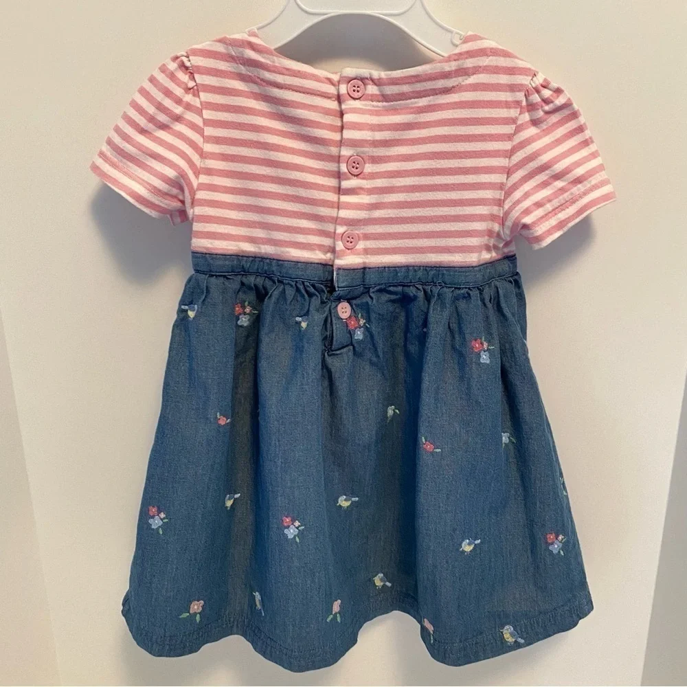JoJo Maman Bebe Baby Girls Pink Stripe & Denim Skirt Dress Size 6-12 Months
